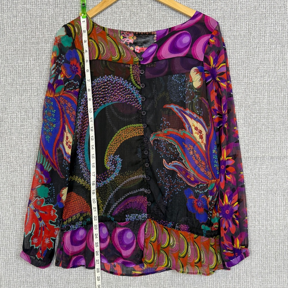 Desigual Sz M Floral Print Blouse Button Down LS Multicolor Sheer Statement - Picture 8 of 16
